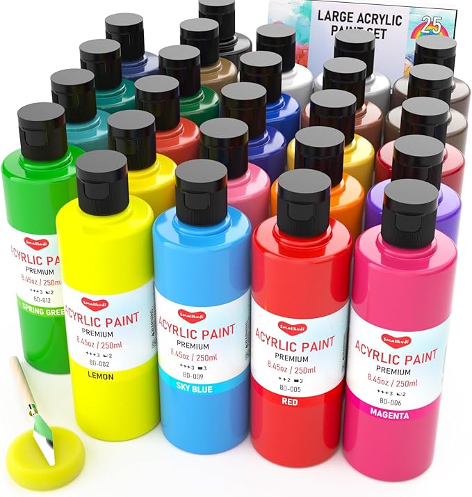Smallbudi 25 Colors Large Acrylic Paint Set (8.45 oz, 250 ml), Bulk Acrylic Paint Non-Toxic Art Painting Supplies on Multi Surface Canvas Wood Craft Fabric Rock for Artist Beginner with Color Wheel