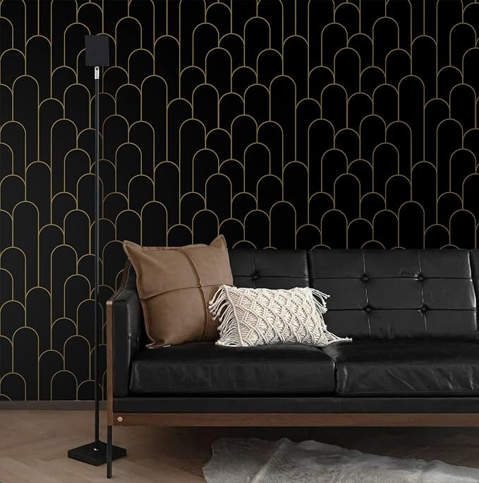 Yasinet Peel and Stick Wallpaper Black and Gold Wallpaper Black Geometric Contact Paper for Bedroom Modern Removable Self Adhesive Wall Paper Waterproof Decorative for Wall Vinyl 17.3"X118.7"