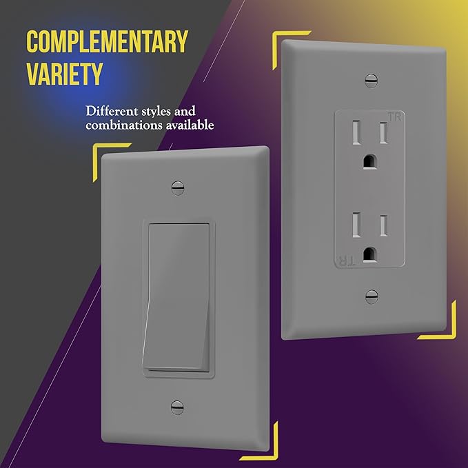 ENERLITES Decorator Light Switch or Receptacle Outlet Wall Plate, Gloss Finish, Mid-Size 1-Gang 4.88" x 3.11", Unbreakable Polycarbonate Thermoplastic, UL Listed, 8831M-GY-10PCS, Gray, 10 pack