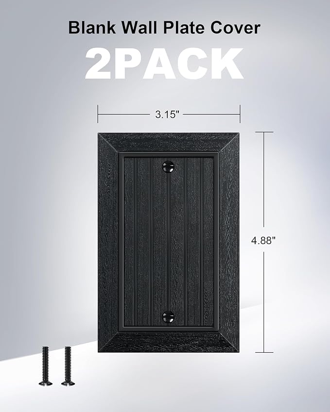 2-Pack Classic Beadboard Single Blank Wall Plate, Unbreakable Polycarbonate Wall Plate Cover, Matte Black 1 Gang Wall Plate for Unused Outlets/Switches