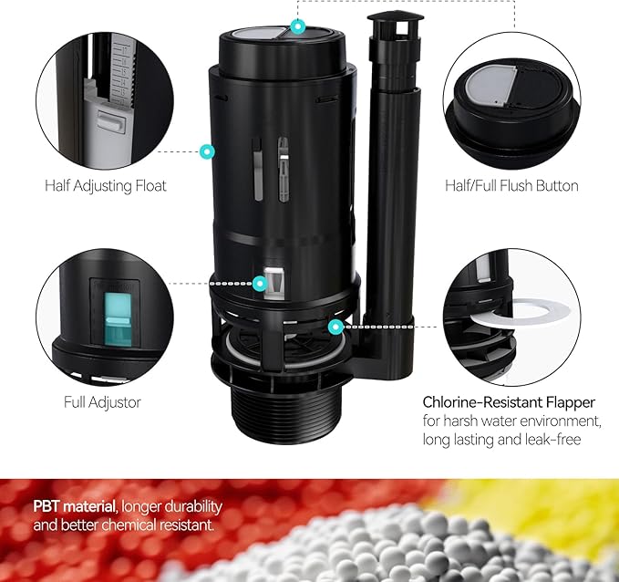 R&T 3-Inch Dual Flush Valve with Top Push Button Toilet Repair Kit Inside Tank dual flush valve replacement kit for 2-piece Toilet, Quick Fix Toilet Leaking, Running Water and Ghost Flush A2422M