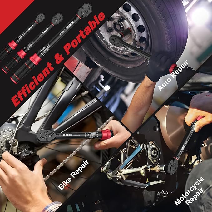 VANPO Torque Wrench Set, 1/4", 3/8", 1/2" Drive, 47-Piece, Click Type | 20–240 in-lb, 5–45 & 10–170 ft-lb for Lug Nuts, Car, Motorcycle & Bike Repair, with S2 Bits Wheel & Spark Plug Sockets, 72T