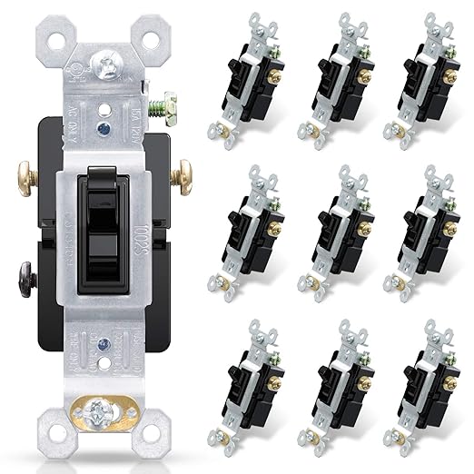 ELEGRP 3 Way Toggle Light Switch, 15 Amp, 120 V, Toggle Framed AC Quiet Switch, in Wall On/Off Switch Replacement, Self-Grounding, Residential and Commercial Grade, UL Listed (10 Pack, Glossy Black)