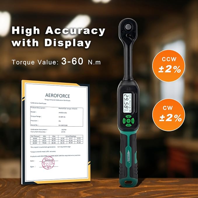 AEROFORCE Digital Torque Wrench - 3/8 Inch Drive Electric Torque Wrench (3-60Nm), Features Dual-Direction Ratchet, ±2% Accuracy, Buzzer & LED Alerts, 4-Measurement Unit (Nm/lb.ft/in.lb/kgf.cm)