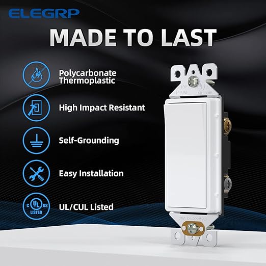 ELEGRP 3 Way Decorative Light Switch, 15Amp, 120-277 Volt, AC Decorator Rocker Paddle Wall Switch Replacement, Self-Grounding, Residential and Commercial Grade, UL Listed (10 Pack, Glossy White)