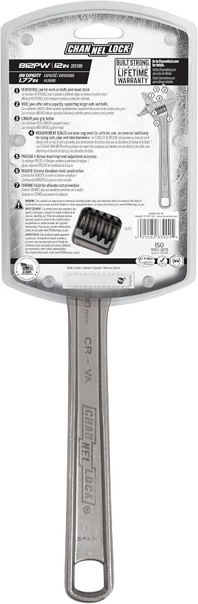 Channellock Adjustable Wrench 812PW - Reversible Jaw, Chrome, Pipe Wrench - 12 In