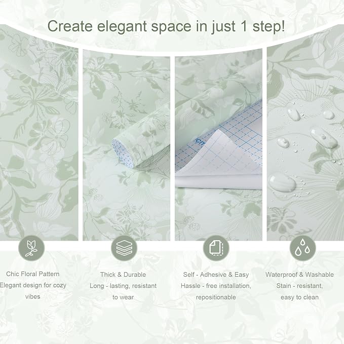17.3" X 78.7" Peel and Stick Wallpaper Floral Boho Green Contact Paper Bird Cute Girl Modern Wall Paper Renter Friendly Waterproof Removable Self Adhesive Bedroom Kitchen Dorm Cabinets Vinyl