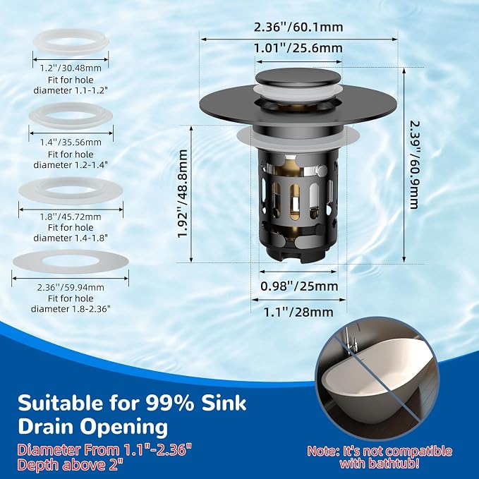 Hibbent 2 Pack 3 in 1 Bathroom Sink Drain Strainer, Universal Pop Up Stopper with Removable Stainless Steel Filter Basket Hair Catcher, Sink Plug for 1.1''~2.36'' Basin, Brass Bullet Core, Grey