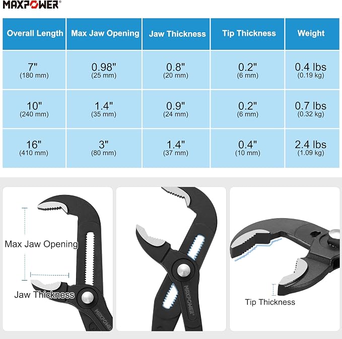 MAXPOWER 7" 10" 16" Water Pump Pliers Set, Push Button V Jaw, Quick Release | 3-Piece Adjustable Tongue and Groove Pliers with Carrying Bag, Plumbing Tool for Homeowner Plumber HVAC Mechanic