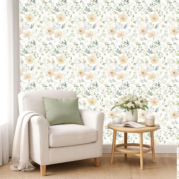 Floral Peel and Stick Wallpaper 17.7in x 70.8in | Watercolor flower removable self adhesive design for cottagecore bedroom accent walls