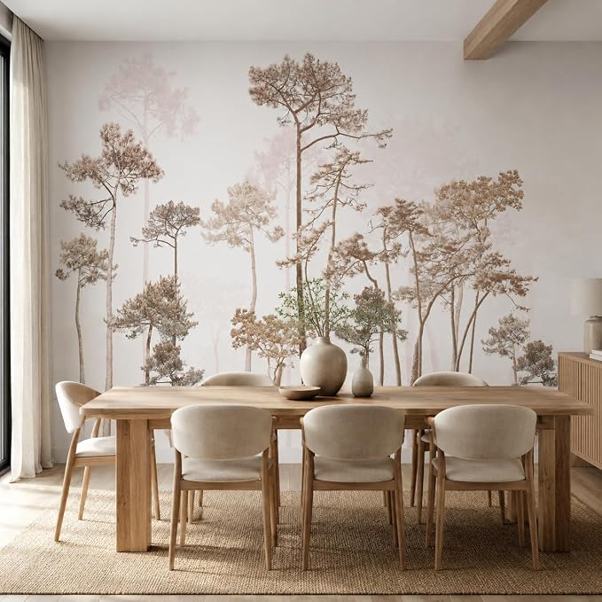 Vintage Forest Beige Wall Murals Peel and Stick 144" W x 100" H | Waterproof Canvas Self-Adhesive Removable Wallpaper Large Woodland Landscape Wall Art Decor for Bedroom Living Room