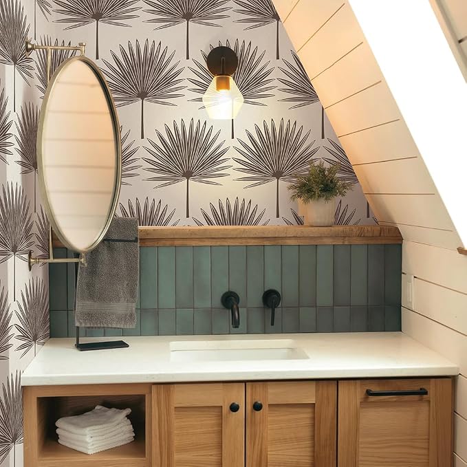 Tempaper Dark Cocoa & Cream Stamped Palm Removable Peel and Stick Boho Wallpaper, 20.5 in X 16.5 ft, Made in The USA