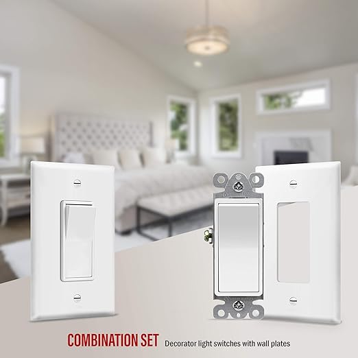 ENERLITES Decorator Light Switch, Single Pole, 15A 120-277V, Grounding Screw, Residential Grade, UL Listed, 91150-WMWP-10PCS, White with Mid-Size Wall Plates, 10 Pack