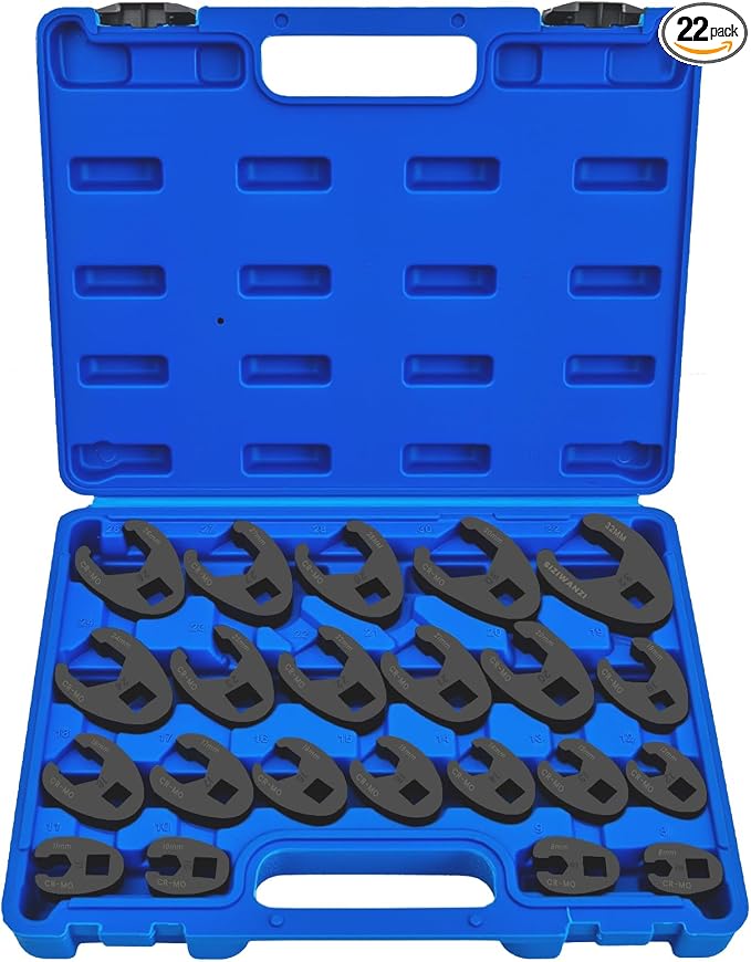 SIXIWANZI Metric Crowfoot Wrench Set, 22pc Flare Nut 8-32mm 3/8" 1/2" Drive | 8-32mm CR-MO steel, black phosphate no slip grip, ratchet torque ready, tight space steering brake line auto repair