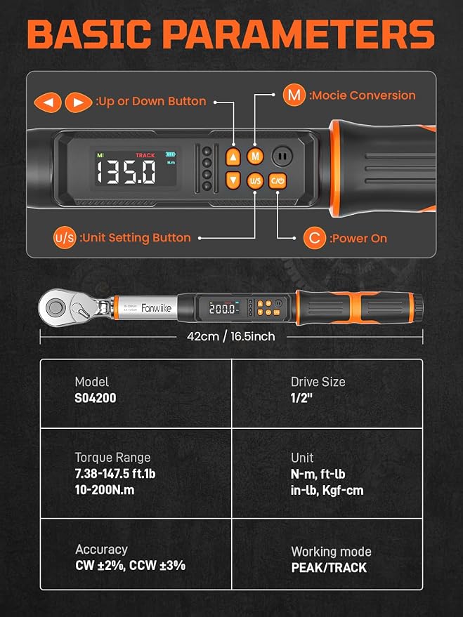Digital Torque Wrench, 7.38-147.5 ft.lb/10-200 Nm, 1/2" Drive Inch Pound Torque Wrench Electronic with Buzzer & Colorful LED Indicator Cars Automotive