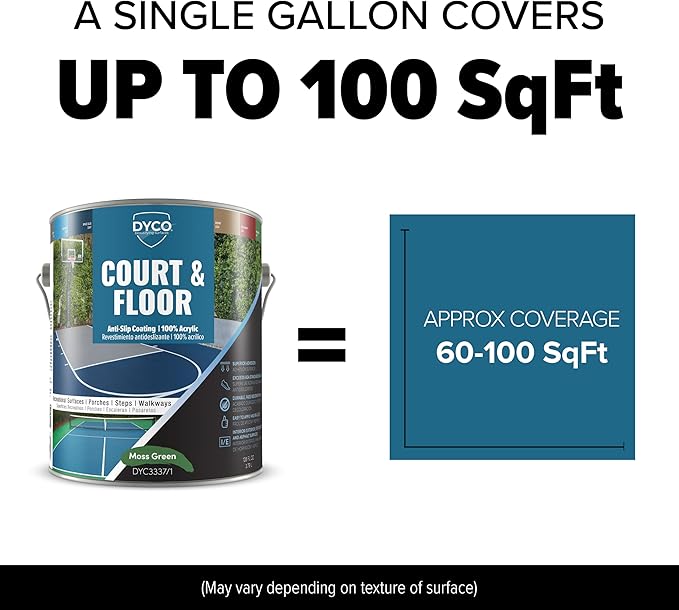 DYCO Court & Floor Anti-Slip Coating - Slip-Resistant Pavement, Cement & Concrete Paint for Pickleball, Tennis & Basketball Courts, Exceeds ADA Standards for Safety Areas (Moss Green, 1 Gallon)