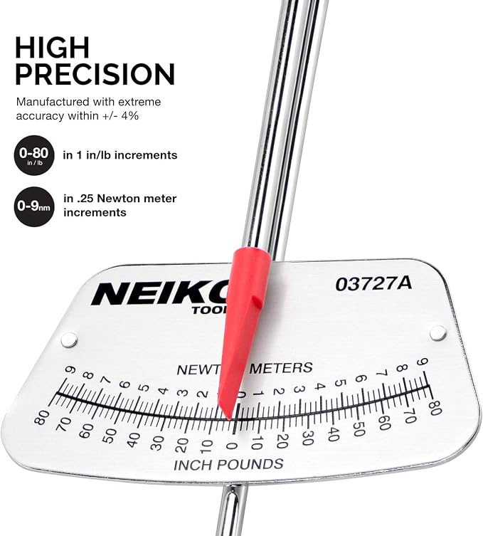 Neiko 03727A 1/4-Inch-Drive Beam Torque Wrench, SAE and MM Bicycle and Automotive Wrench, Reads in 0–80 Inches/Pounds and 0–9 Newton/Meter Increments