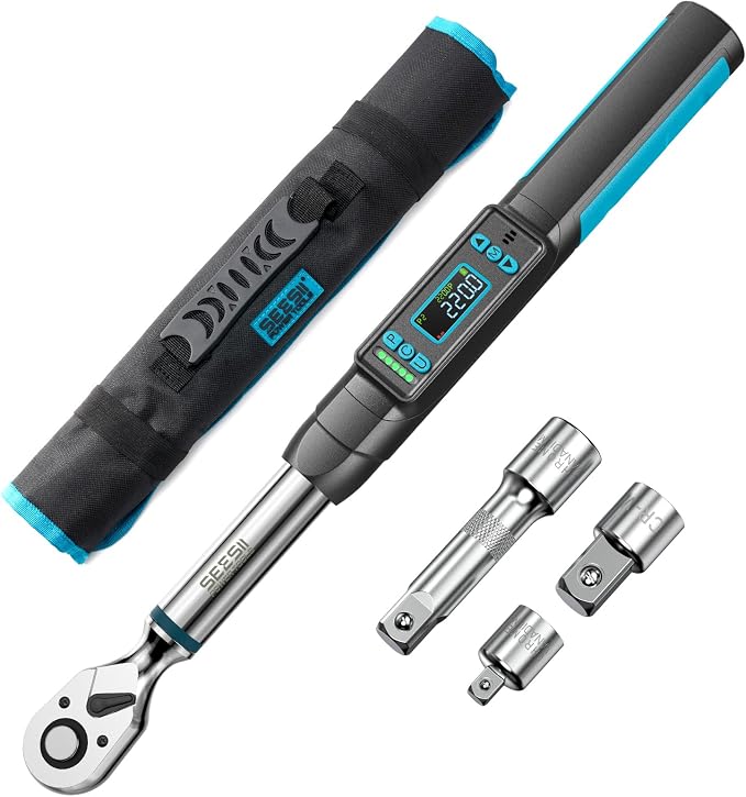 Seesii 3/8" Digital Torque Wrench, 0-162 ft-lb/0-220 N·m, ±2% Accuracy | Buzzer & LED Alert, Peak & Track Mode, Dual Direction Ratchet, 5 Units of Measure, for Bike, Motorcycle, Automotive Repair