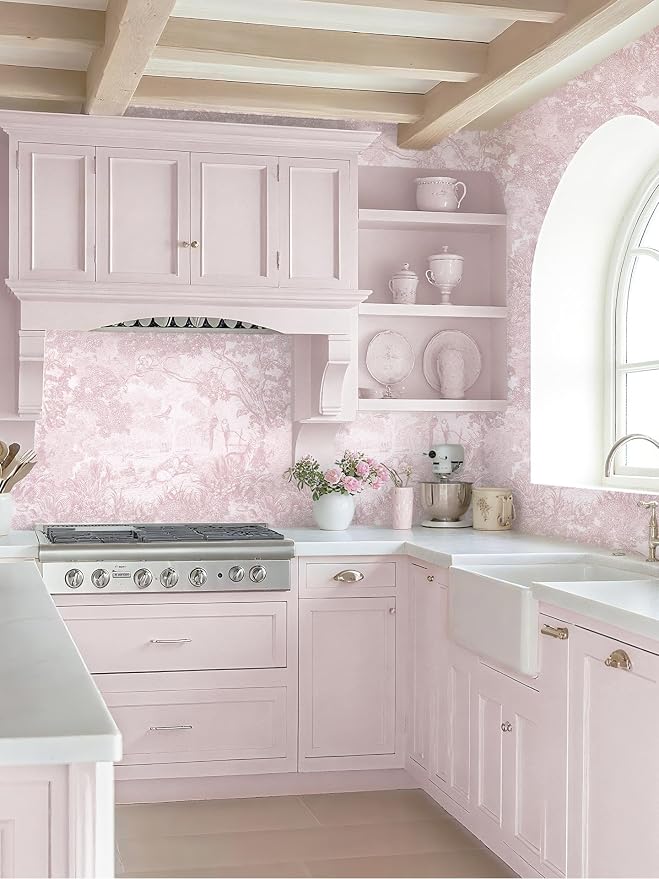 17.3" X 196.8" Peel and Stick Wallpaper Pink White Modern Toile Floral Wallpaper Renter Friendly Waterproof Removable Self Adhesive Wall Paper Bedroom Livingroom Cabinets Vinyl