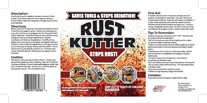 Rust Kutter - Stops Rust and Converts Rust Spots to Leave A Primed Surface Ready to Paint, Professional Rust Repair Manufactured in USA – Sprayer Included