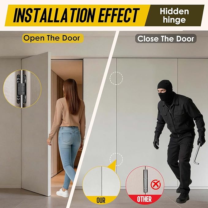 6inch Hidden Door Hinge,Concealed Hinges,Hidden Door Hardware kit,Invisible Door Silent 180 Degree Swing Hinge 3-Way Adjustable Butt 6 x 2.5 x 1inch (Black, 7 inches)