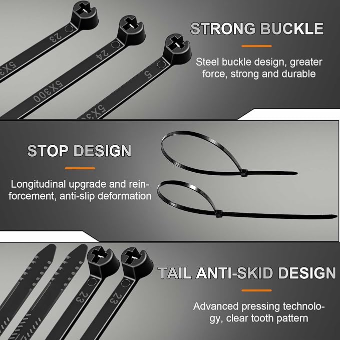 Blulu 200 Pcs 11 Inch Cable Zip Ties with Metal Tooth Stainless Steel Locking Device, 80 Lbs Tensile Strength Black Cable Ties, UV Resistant Wire Wraps Multi Purpose for Industrial Indoor Outdoor Use