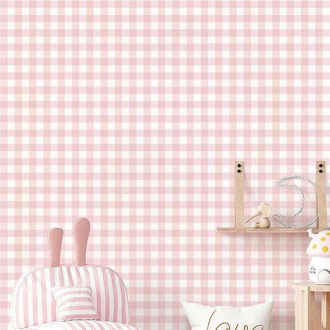 Plaid Wallpaper Peel and Stick, Pink, 17.7"x78.7" | Self Adhesive, Vinyl, Removable, Boho Contact Paper, Checkered Wall Paper for Bedroom, Living Room, Bathroom