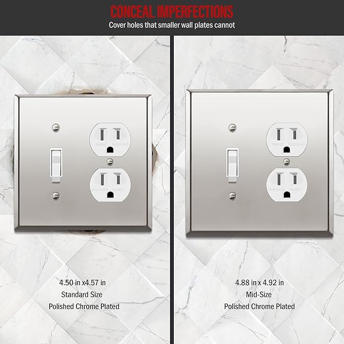 ENERLITES Combination Toggle Switch and Duplex Receptacle Metal Wall Plate, Stainless Steel 201 Outlet Cover, Corrosion-Resistant, Mid-Size 2-Gang 4.88" x 4.92", 771121M-PC, Polished Chrome