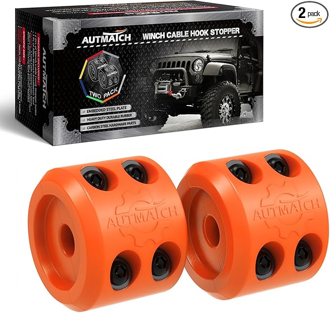 AUTMATCH Winch Cable Hook Stopper (2 Pack), Silicone Rubber Winch Stopper for Wire & Synthetic Rope, Winch Line ATV UTV, Shock Absorbent, Prevent Pulling Bounce and Abrasion, Orange