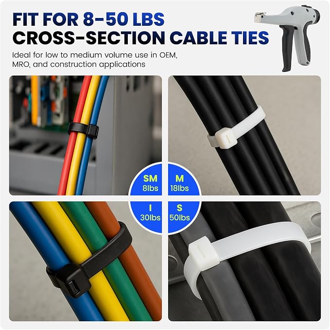 Low-Impact Cable Tie Gun for Plastic & Nylon Zip Tie, Replace Panduit GTS-E, Ergonomic Zip Tie Gun with Adjustable Tension, 16-Position Knob, Flush Cut, Low Handle Force, Fits 8-50 lb Cable Ties