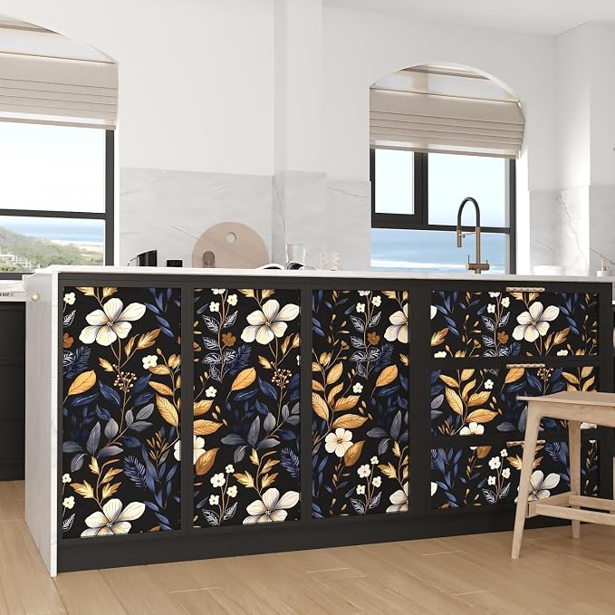 Vintage Dark Blue Gold Floral Peel and Stick Wallpaper 17.5"x787" | Self Adhesive/Removable/Waterproof/Thick Vinyl Extra Long Contact Paper for Bathroom Bedroom Shelf Cabinet Drawer,Prepasted