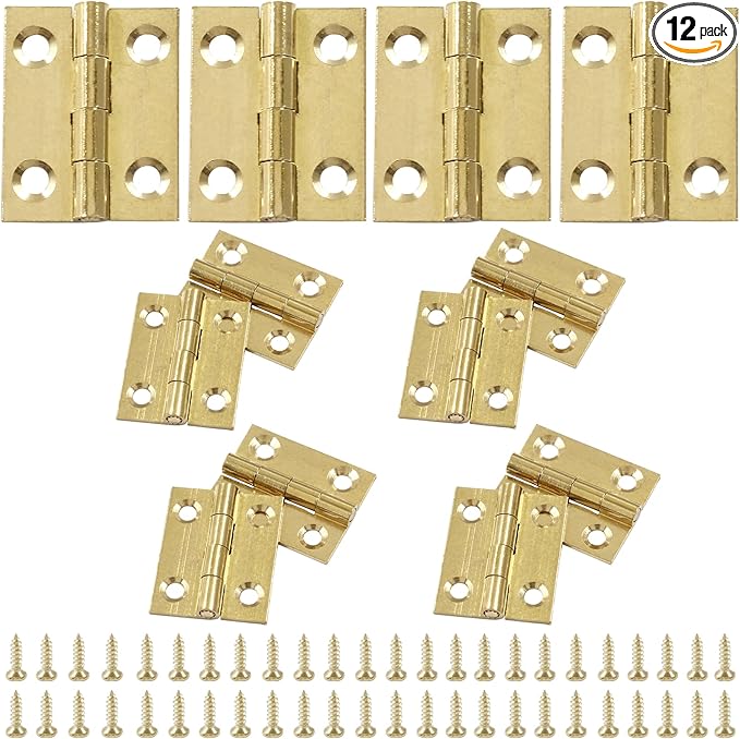 12Pcs Solid Brass Mini Hinges, 1 Inch Mini Solid Brass Butt Hinges, Small Folding Brushed Gold Interior Door Hinges