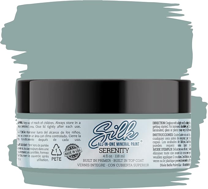 Dixie Belle Silk All-in-One Mineral Paint - Serenity (4oz) - Soothing Blue Water Based Built-In Primer + Topcoat for Wood + Metal - Durable Furniture Paint - Low Reflective Finish