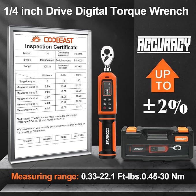 1/4 Drive Digital Torque Wrench,Preset Value(0.33-22.1 Ft.lbs./0.45-30Nm) | Buzzer and LED Alert,±2% High Accuracy,72-Tooth, Quick Release,Reversible,Large Screen,for Bike Motorcycle,Gift for Men,DIY