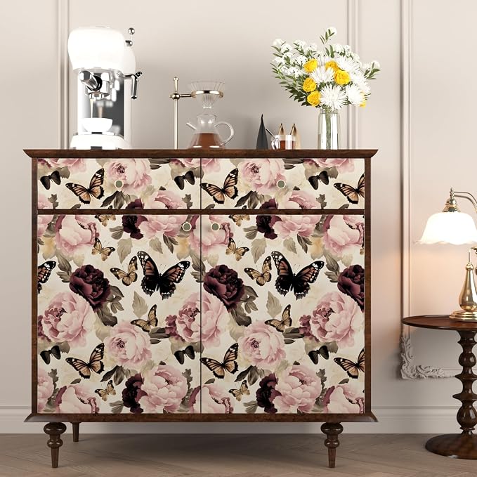 Beige Pink Butterfly Floral Peel and Stick Wallpaper 17.5"x118" | Self Adhesive/Removable/Waterproof/Thick Vinyl Vintage Contact Paper for Bathroom Bedroom Shelf Cabinet Drawer,Prepasted