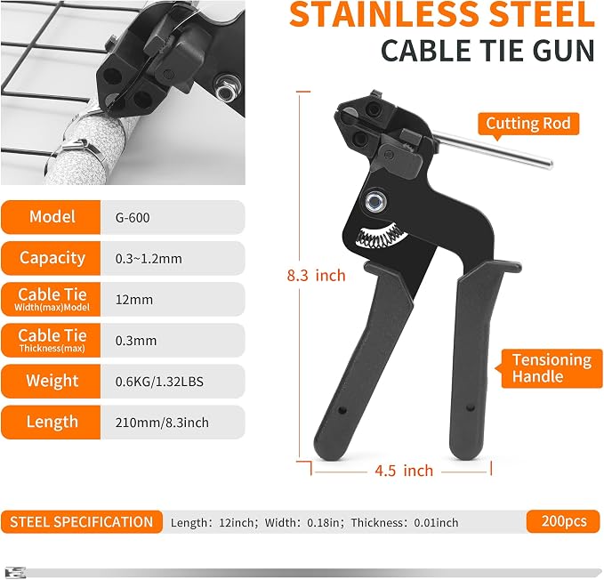 Metal Zip Tie Tool Set，Stainless Steel Cable Tie Gun Kit with 200pcs 12inch Metal Zip Ties heavy duty outdoor(300LBS) and Industrial Cutting Tool,Corrosion Resistant for Fence, Pipe, Industrial Use
