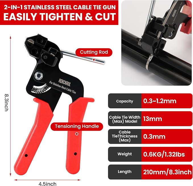 Stainless Steel Cable Tie Gun Set Metal Zip Tie Tool Kit (Red) | Heavy Duty, 150PCS Self-Locking Ties, Adjustable Fastening & Cutting Tool for Outdoor Fencing, Automotive, Exhaust Pipes