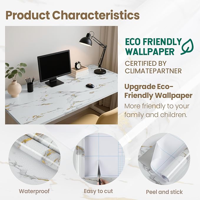 practicalWs Glossy Marble Wallpaper Peel and Stick White/Gold Granite Contact Paper Removable Wall Paper for Kitchen Countertop Cabinet Furniture 35.4" x 118"