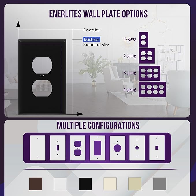 ENERLITES Duplex Receptacle Outlet Wall Plate, Electrical Outlet Cover, Gloss Finish, Mid-Size 1-Gang 4.88" x 3.11", Unbreakable Polycarbonate Thermoplastic, UL Listed, 8821M-BK, Black