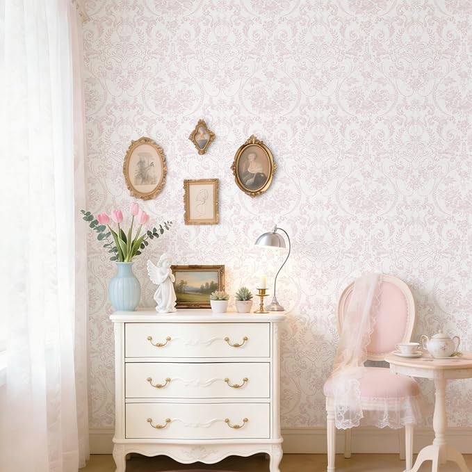 Ismoon Peel and Stick Wallpaper Pink Contact Paper 17.3in x 6.56ft Vintage Floral Wallpaper Boho Damask Removable Textured Wall Paper for Bedroom Bathroom Shelf Cabinet Décor