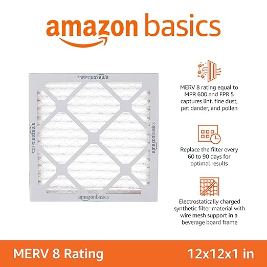 Amazon Basics MERV 8 AC Furnace Air Filter, 12x12x1 inches, 6-Pack, Dust, Pet & Allergy Control, Electrostatic (Actual Size: 11.75" x 11.75" x 0.75")