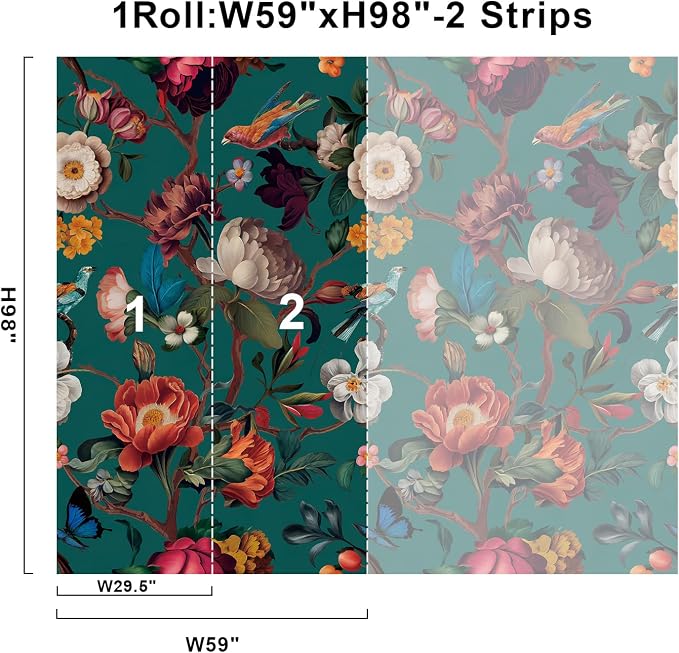 Zeeko Vintage Floral Wallpaper Peel and Stick Large Blue Flower Wall Murals for Bedroom TV Background Wall Paintings Art Deco 98" H x 59" W