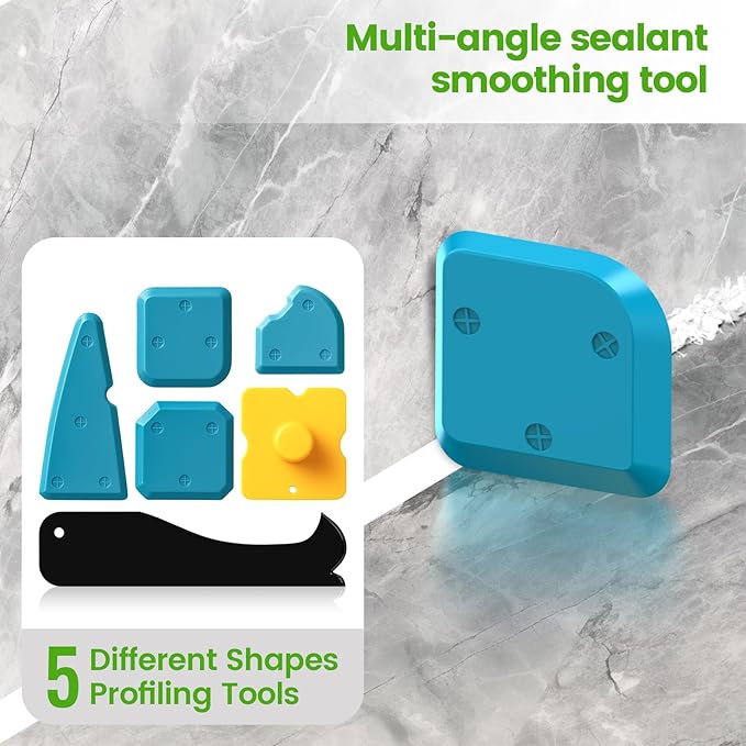 Silicone Caulking Tool, 5 in 1 Caulking Sealant Finishing Tool with Grout Scraper, 6 Exchange Silicone Pads, Adhesive Residue Scraper Seam Repair Kit for Kitchen Bathroom (White)