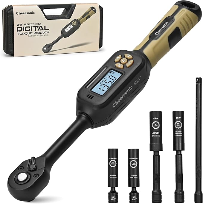 Digital Torque Wrench 3/8 Drive, 5.0-99.6 ft.lb ±1% Accuracy Electronic Torque Wrench Set with Buzzer and LED Inch Pound Torque Wrench with Spark Plug Socket for Car Repair Automobile Desert Tan