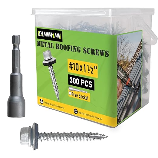 300 Pcs #10 x 1-1/2 Inch Hex Head Metal Roofing Screws, Zinc Plated Sharp Point Sheet Metal Roof Screw with Rubber Washer, Self Tapping Metal to Wood Siding Screws, Hex Socket Included