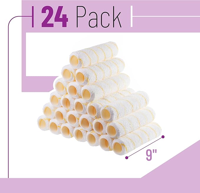 Bates- Paint Roller Covers, 9" x 3/8", 24 Pack, Yellow Stripes, Covers for Paint Rollers 9 Inch, 9 Inch Paint Roller Covers, Paint Roller Cover, Paint Roller Covers 9 Inch, Large Paint Roller Covers