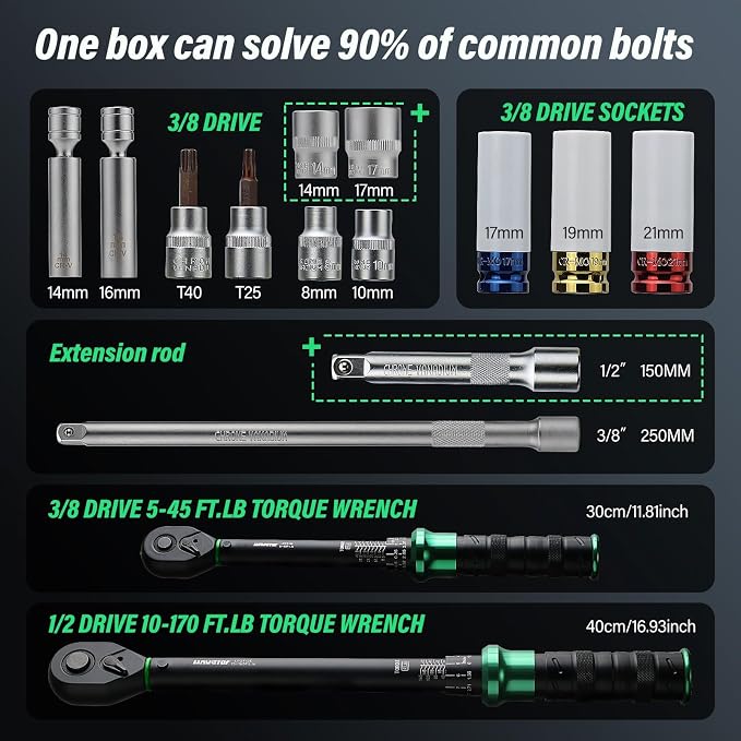 Torque Wrench Set 5-45ft lb(3/8),15-165Ft.lb, with 15PCS Hex Sockets, Spark Plug, Extensions for Automotive, Motorcycle, Industrial Maintenance