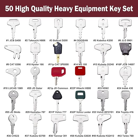 50 Equipment Keys Master Set Ignition Keys for Kubota JCB Cat Yanmar Honda Ditch Witch Backhoes Excavators Forklifts Loaders Tractors Bullozers and Other Construction Equipments