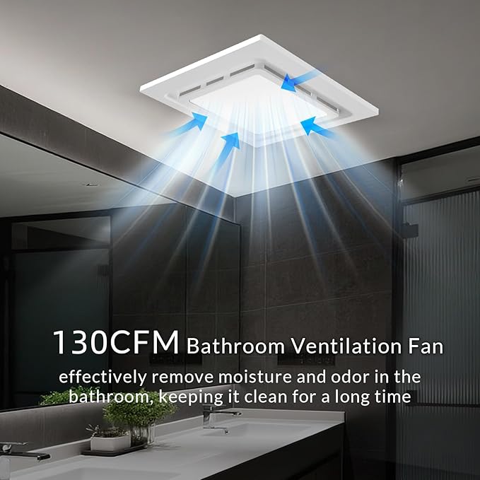 Bathroom Exhaust Fan with Light 130 CFM, Quiet 1.0 Sone, Cutout 9.8"x9.8", 12In Grille, 4In Duct, 6500K 1200Lm LED Light Bath Ceiling Vent Fan Combo for Bathroom Toilet Moisture & Odor Removal