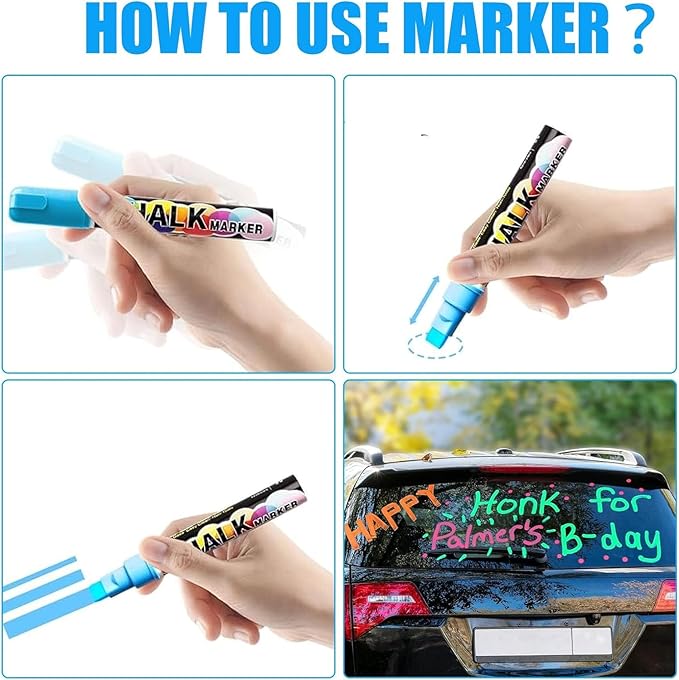 Celepen Window Chalk Markers for Cars Glass Washable, 8 Colors Jumbo Liquid Chalk Marker Pens with 15mm 3 in 1 Nib Wide Tip, Chalkboard Markers Car Window Paint Pen for Auto, Mirror, Poster, Business